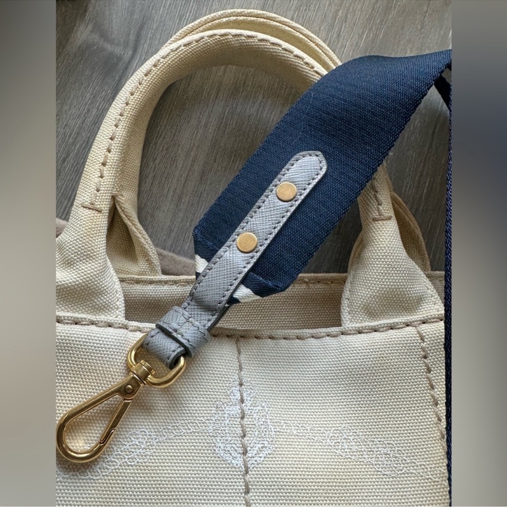 Prada Crème Canvas Tote/Crossbody with Navy Guitar Strap
